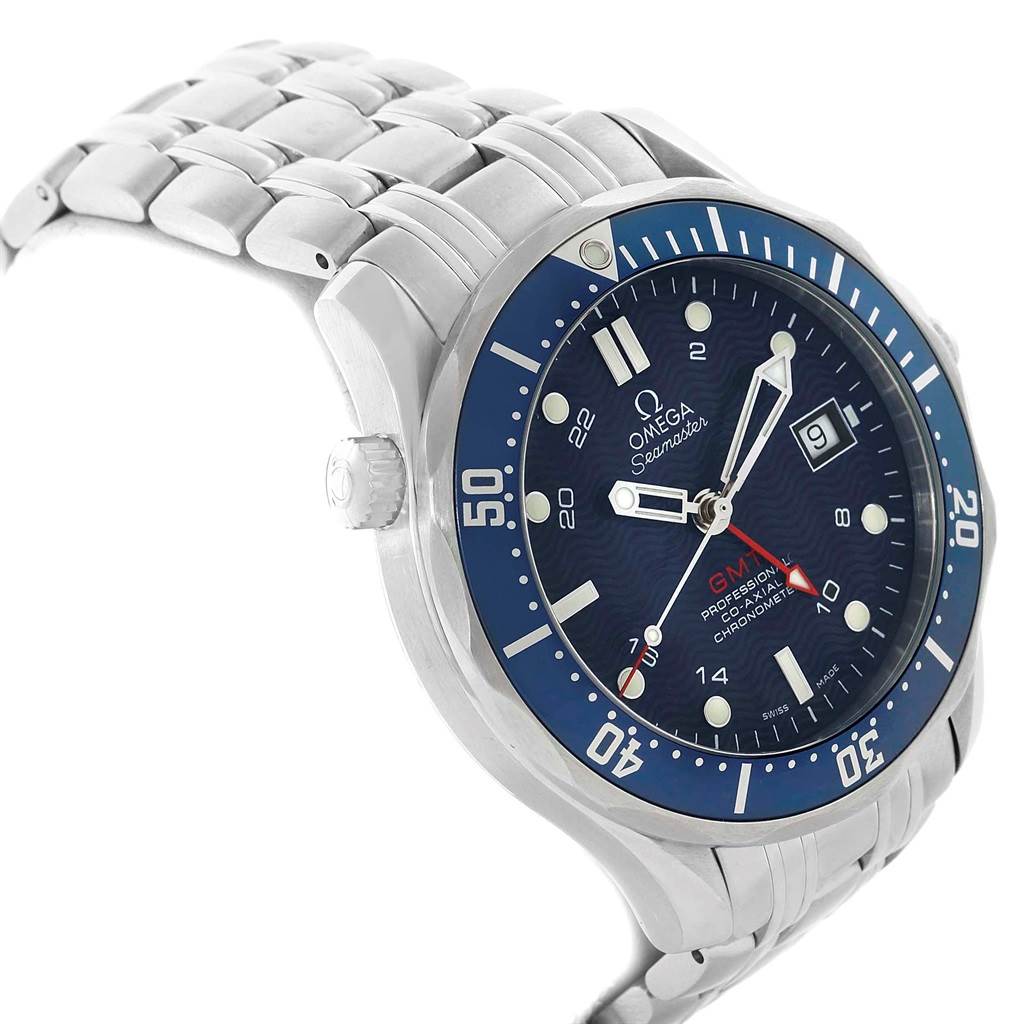 The Omega Seamaster 2535.80.00 Men
s Stainless Steel Blue Dial 2535.80.00 Men
s Stainless Steel Blue Dial watch is shown from a front angle, highlighting its blue dial, bezel, and metal bracelet.