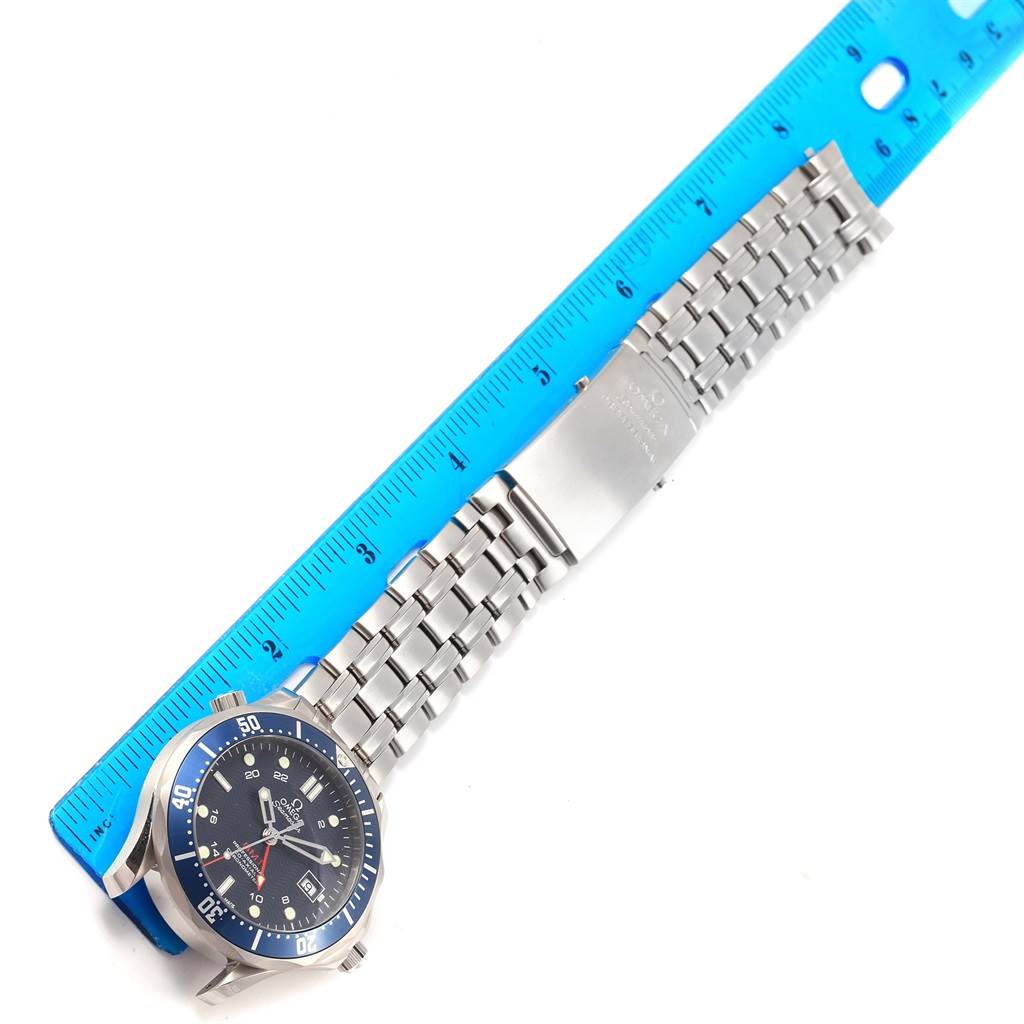 The Omega Seamaster 2535.80.00 Men
s Stainless Steel Blue Dial 2535.80.00 Men
s Stainless Steel Blue Dial watch is shown from a top-down angle, featuring the face, bezel, and metal bracelet.