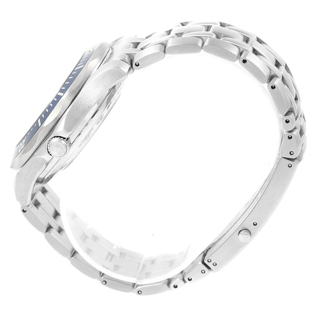The image shows a side profile of an Omega Seamaster 2535.80.00 Men
s Stainless Steel Blue Dial 2535.80.00 Men
s Stainless Steel Blue Dial watch highlighting its bezel, crown, and metal bracelet.