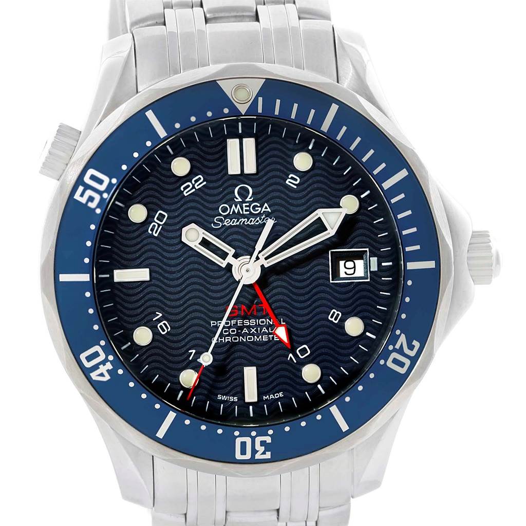 The Omega Seamaster 2535.80.00 Men
s Stainless Steel Blue Dial 2535.80.00 Men
s Stainless Steel Blue Dial watch is shown from a front angle, featuring the dial, bezel, and part of the bracelet.
