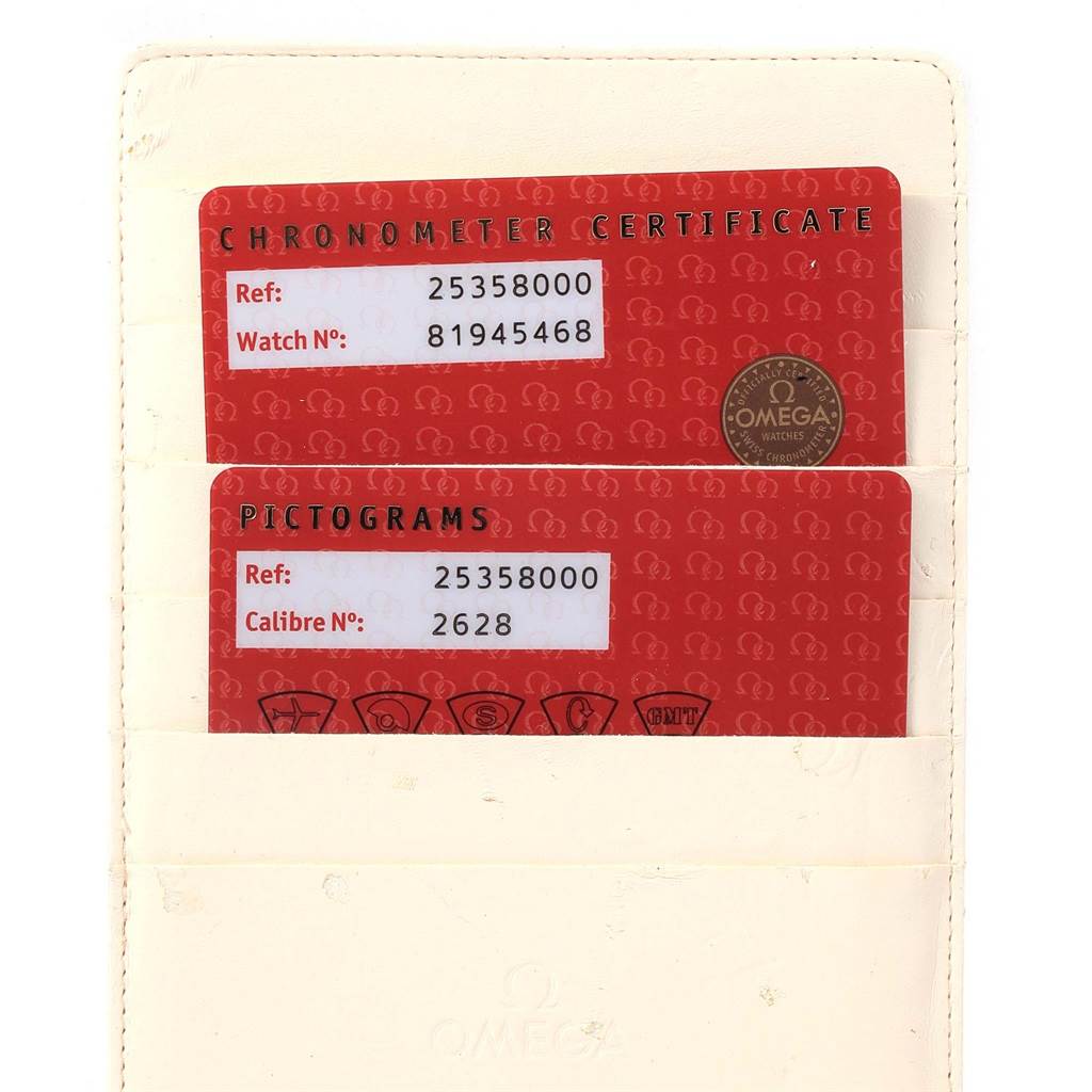 This image shows the Chronometer Certificate and Pictograms cards for an Omega Seamaster 2535.80.00 Men
s Stainless Steel Blue Dial 2535.80.00 Men
s Stainless Steel Blue Dial watch in a holder with part numbers and serial numbers.