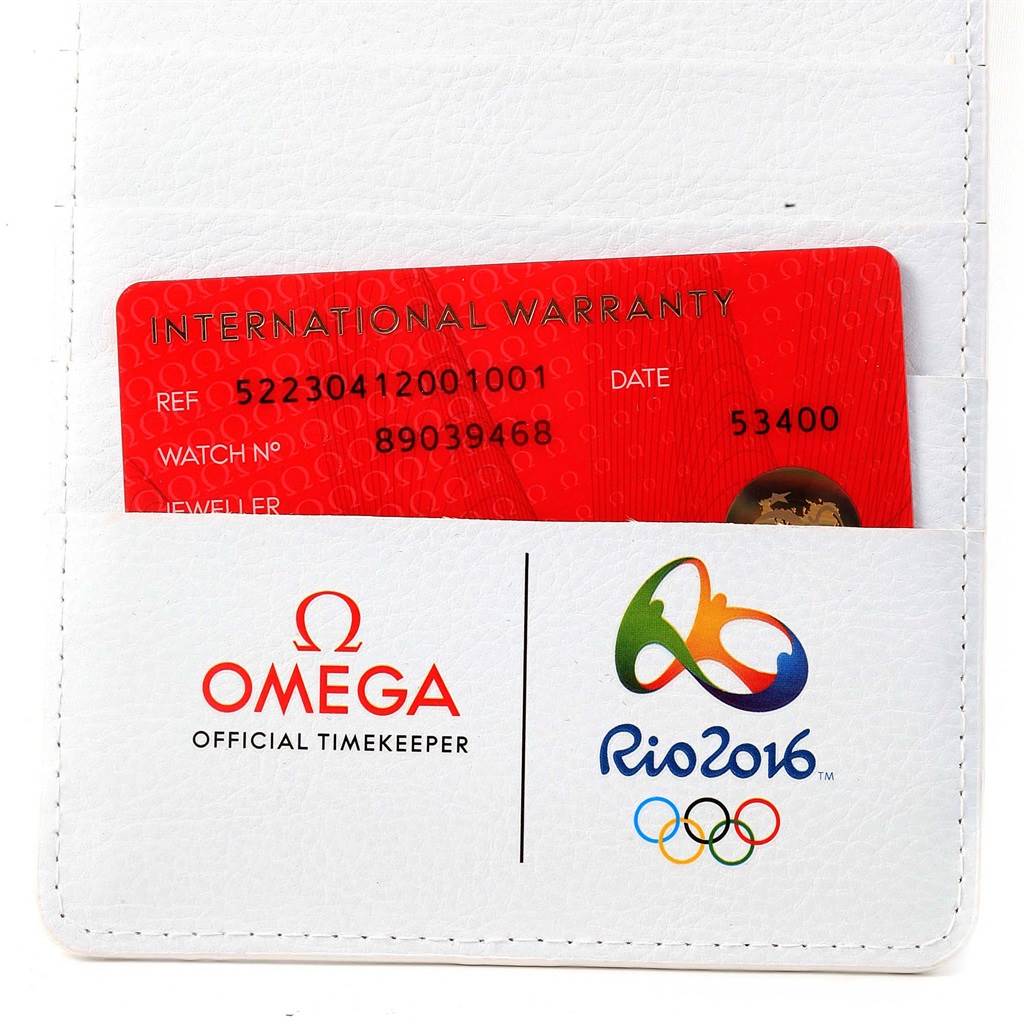 The image shows the warranty card for an Omega Seamaster 522.30.41.20.01.001 Men
s Stainless Steel Black Dial 522.30.41.20.01.001 Men
s Stainless Steel Black Dial watch in a holder with Omega and Rio 2016 branding.