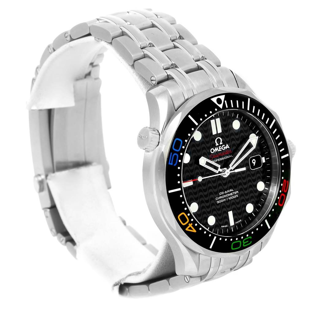 The Omega Seamaster 522.30.41.20.01.001 Men
s Stainless Steel Black Dial 522.30.41.20.01.001 Men
s Stainless Steel Black Dial watch is shown at a front-left angle, highlighting the face, bezel, and metal bracelet.