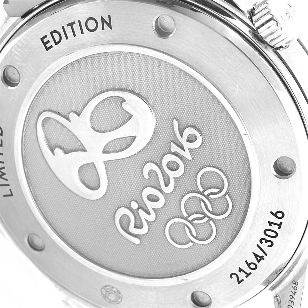 This image shows the back case of an Omega Seamaster 522.30.41.20.01.001 Men
s Stainless Steel Black Dial 522.30.41.20.01.001 Men
s Stainless Steel Black Dial watch, featuring a special Rio 2016 Olympic edition design.