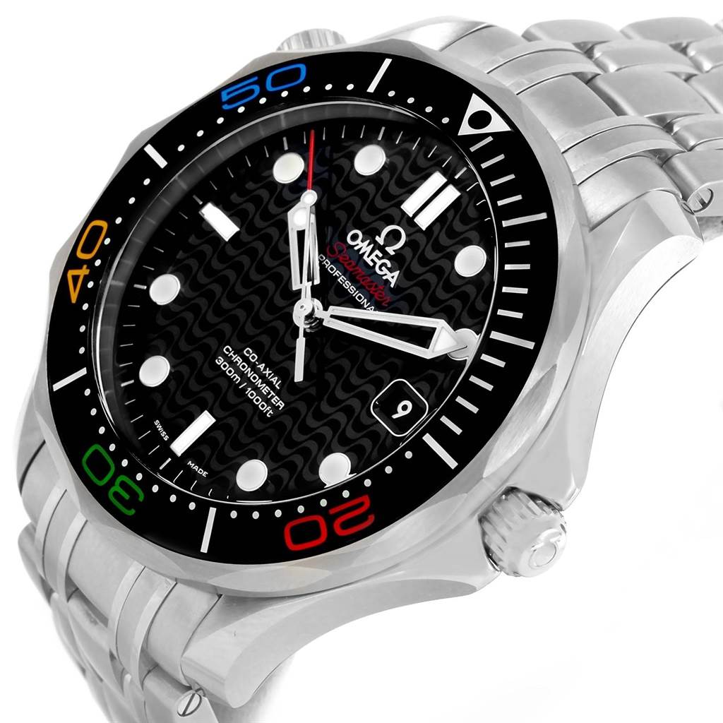 The image shows an angled view of the Omega Seamaster 522.30.41.20.01.001 Men
s Stainless Steel Black Dial 522.30.41.20.01.001 Men
s Stainless Steel Black Dial watch, highlighting the face, bezel, and part of the bracelet.