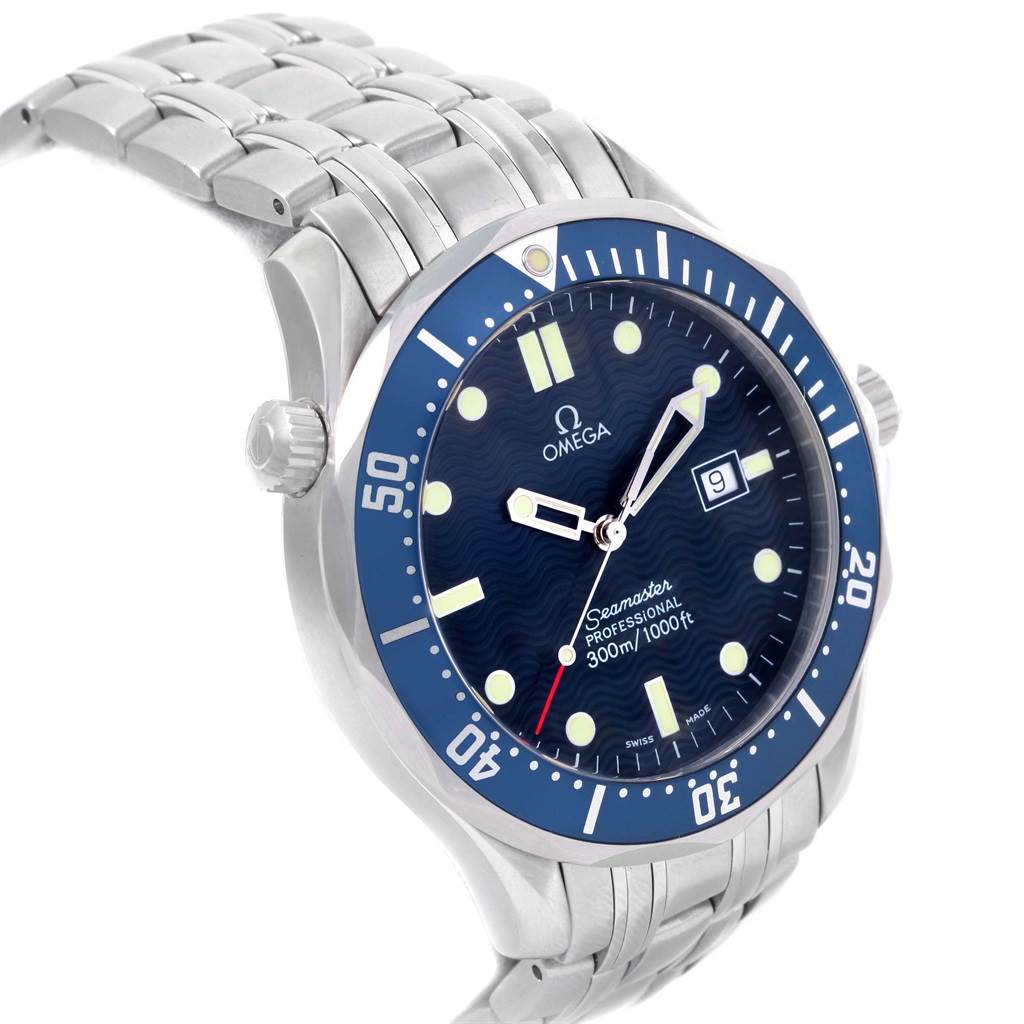 The Omega Seamaster 2541.80.00 Men
s Stainless Steel Blue Dial 2541.80.00 Men
s Stainless Steel Blue Dial watch is shown at an angle highlighting the face, bezel, and part of the bracelet.