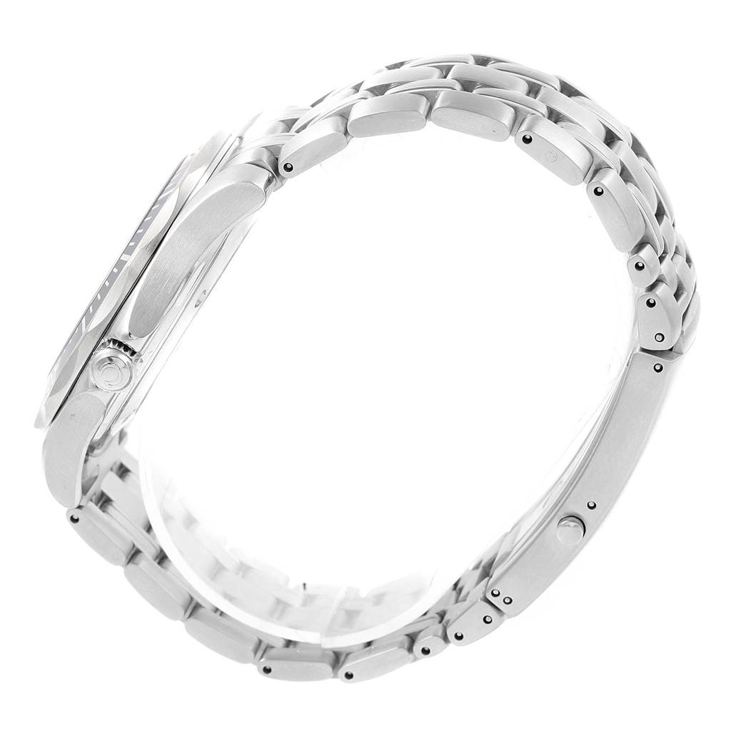 The image shows a side view of an Omega Seamaster 2541.80.00 Men
s Stainless Steel Blue Dial 2541.80.00 Men
s Stainless Steel Blue Dial watch, focusing on its stainless steel case, crown, and bracelet.