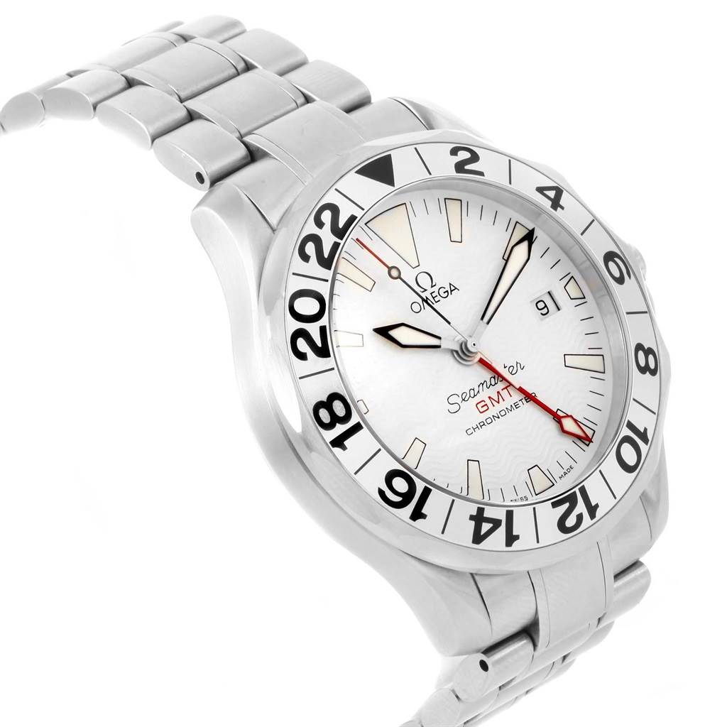 The Omega Seamaster 2538.20.00 Men's Stainless Steel White Dial 2538.20.00 Men's Stainless Steel White Dial GMT watch is shown from a slight top-down angle, displaying the dial, bezel, and part of the bracelet.