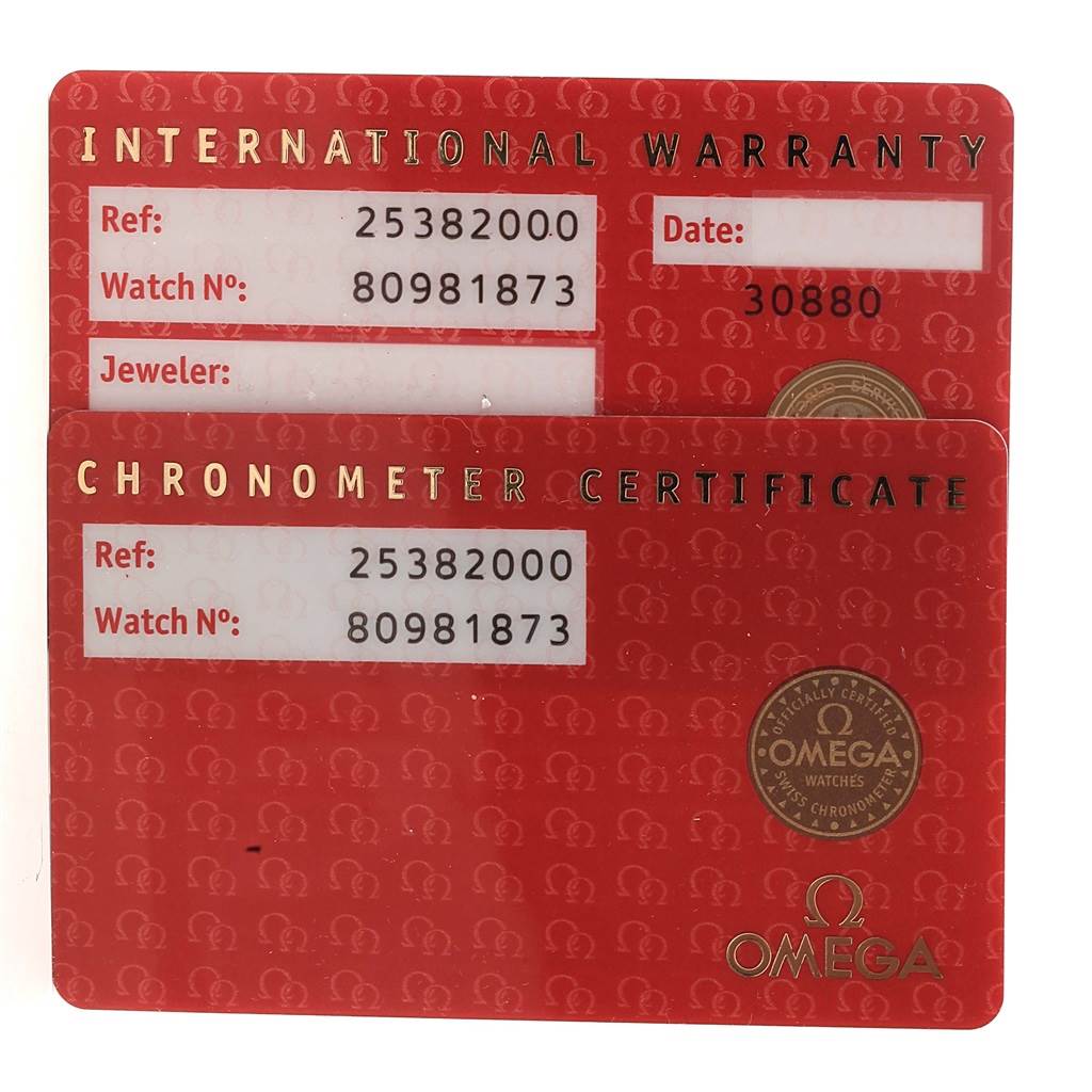 The image shows the international warranty and chronometer certificate cards for an Omega Seamaster 2538.20.00 Men's Stainless Steel White Dial 2538.20.00 Men's Stainless Steel White Dial watch.