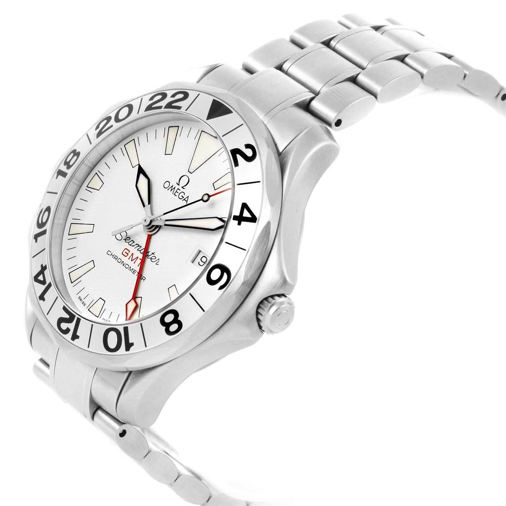 The image shows an Omega Seamaster 2538.20.00 Men's Stainless Steel White Dial 2538.20.00 Men's Stainless Steel White Dial watch at an angle, displaying the face, bezel, crown, and part of the metal bracelet.