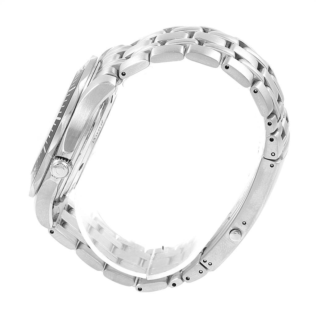 Side profile of the Omega Seamaster 212.30.41.20.01.001 Men's Stainless Steel Black Dial 212.30.41.20.01.001 Men's Stainless Steel Black Dial watch focusing on the bezel, crown, and metal bracelet.