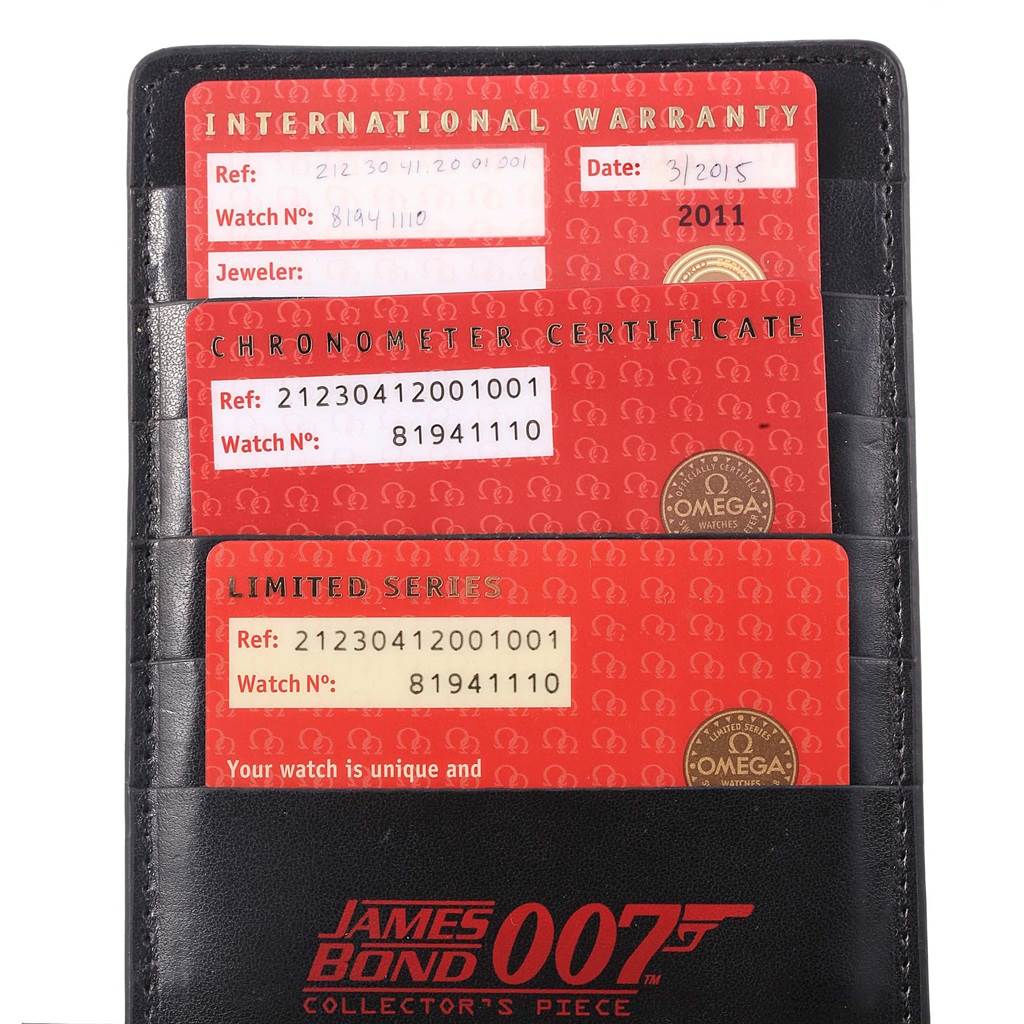 This image shows the warranty and certification cards for an Omega Seamaster 212.30.41.20.01.001 Men's Stainless Steel Black Dial 212.30.41.20.01.001 Men's Stainless Steel Black Dial watch, including a James Bond 007 collector's piece.