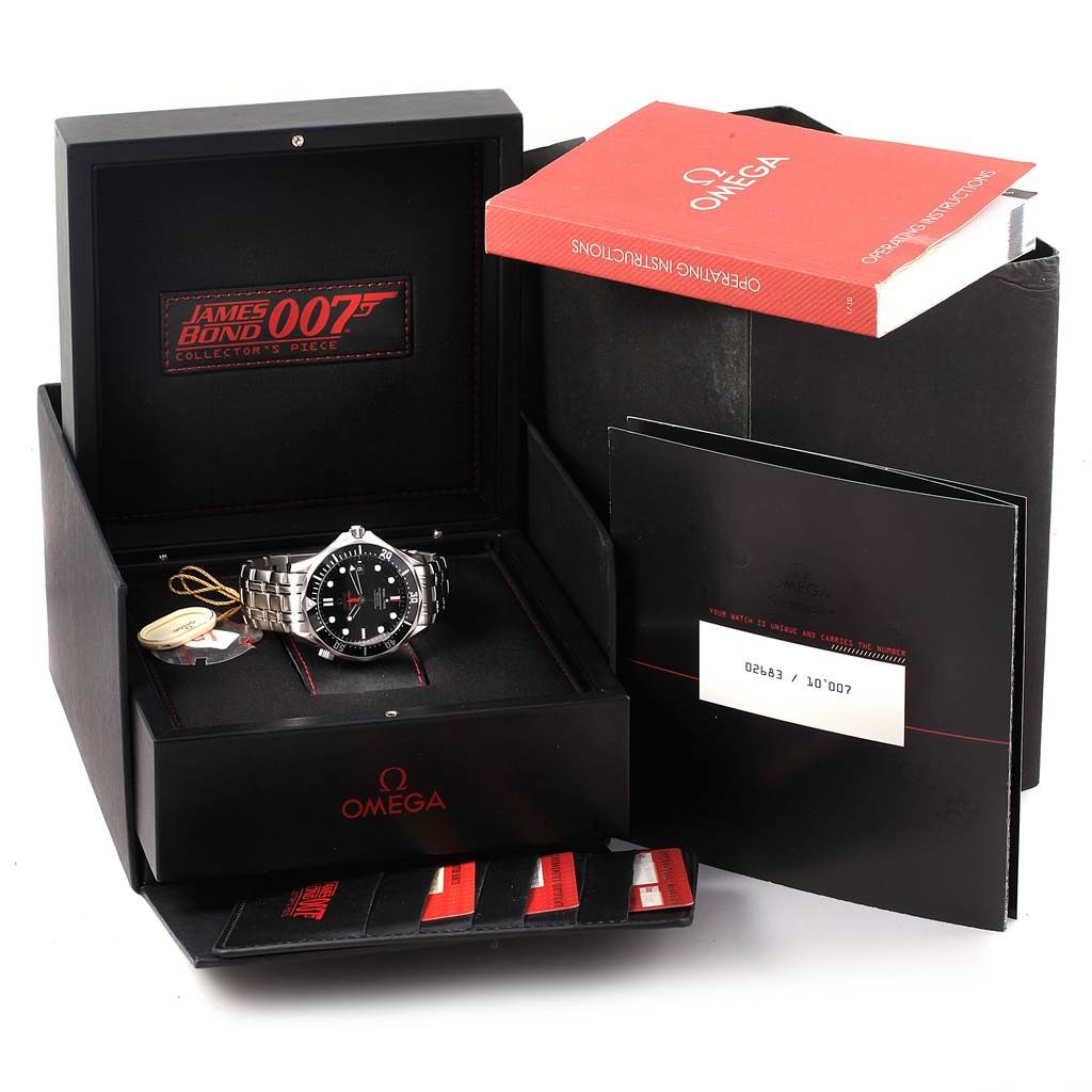 The image shows an Omega Seamaster 212.30.41.20.01.001 Men's Stainless Steel Black Dial 212.30.41.20.01.001 Men's Stainless Steel Black Dial watch, its box, and related accessories, viewed from a slight angle above.