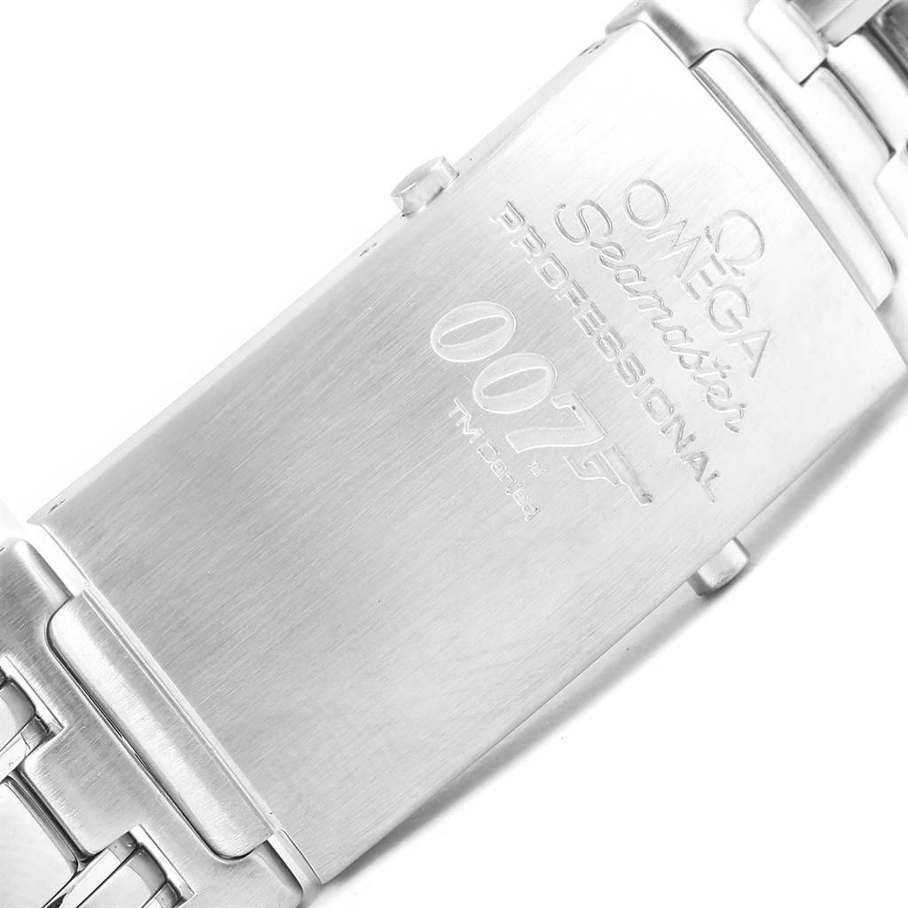 The image shows the stainless steel clasp of an Omega Seamaster 212.30.41.20.01.001 Men's Stainless Steel Black Dial 212.30.41.20.01.001 Men's Stainless Steel Black Dial Professional watch, featuring "007" branding.