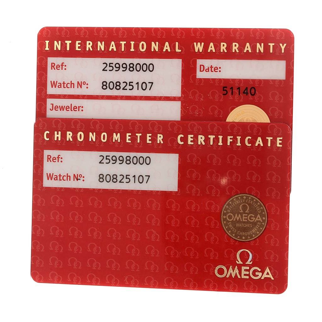 The image shows Omega Seamaster 2599.80.00 Men
s Stainless Steel Blue Dial 2599.80.00 Men
s Stainless Steel Blue Dial
s International Warranty and Chronometer Certificate cards.