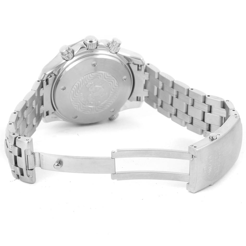 The image shows the Omega Seamaster 2599.80.00 Men
s Stainless Steel Blue Dial 2599.80.00 Men
s Stainless Steel Blue Dial watch from the back angle, highlighting the case back, bracelet, and clasp.