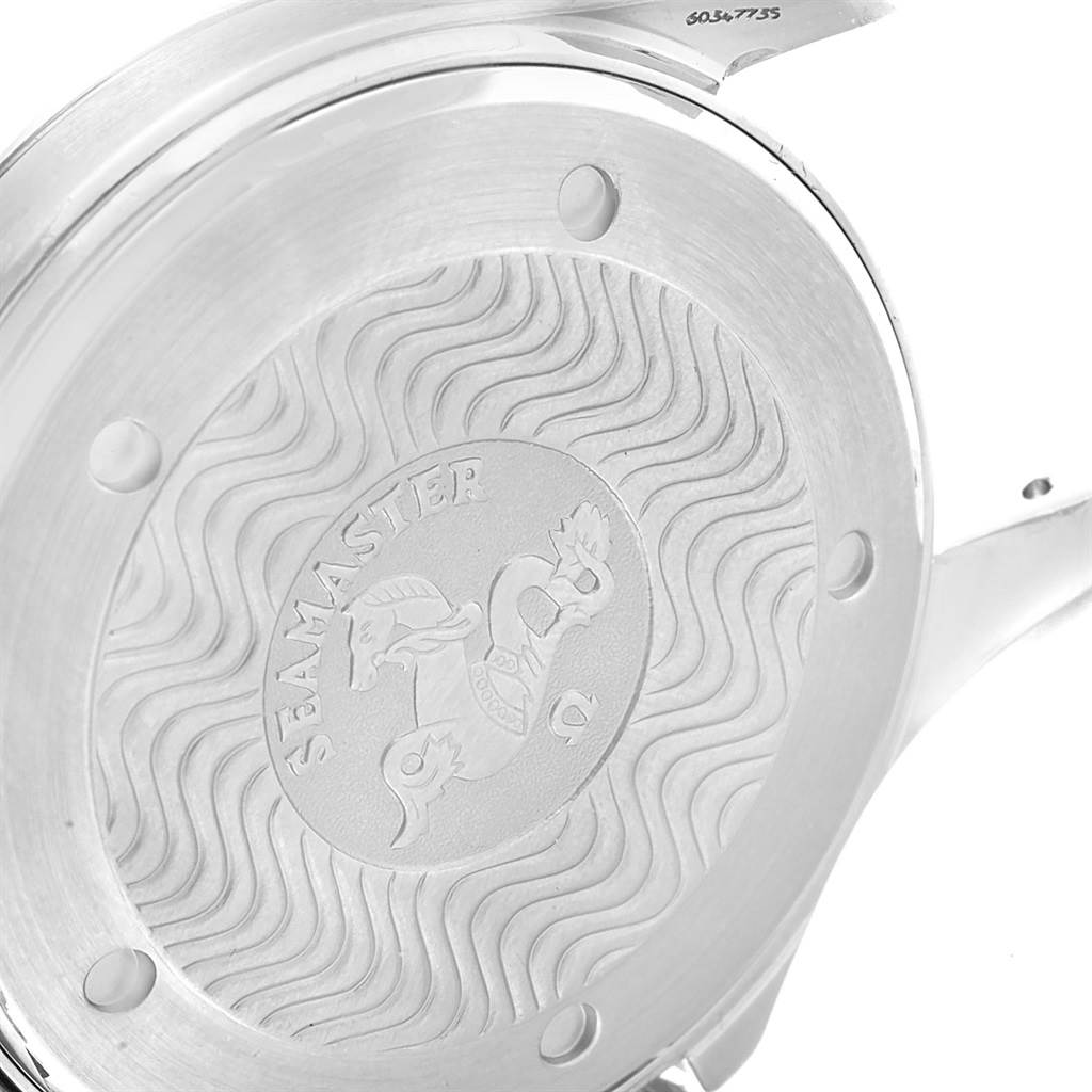 The image shows the case back of an Omega Seamaster 2531.80.00 Men
s Stainless Steel Blue Dial 2531.80.00 Men
s Stainless Steel Blue Dial watch, featuring embossed detailing and engravings.