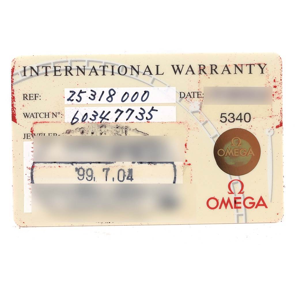 An Omega Seamaster 2531.80.00 Men
s Stainless Steel Blue Dial 2531.80.00 Men
s Stainless Steel Blue Dial international warranty card showing the reference, watch number, and other details.