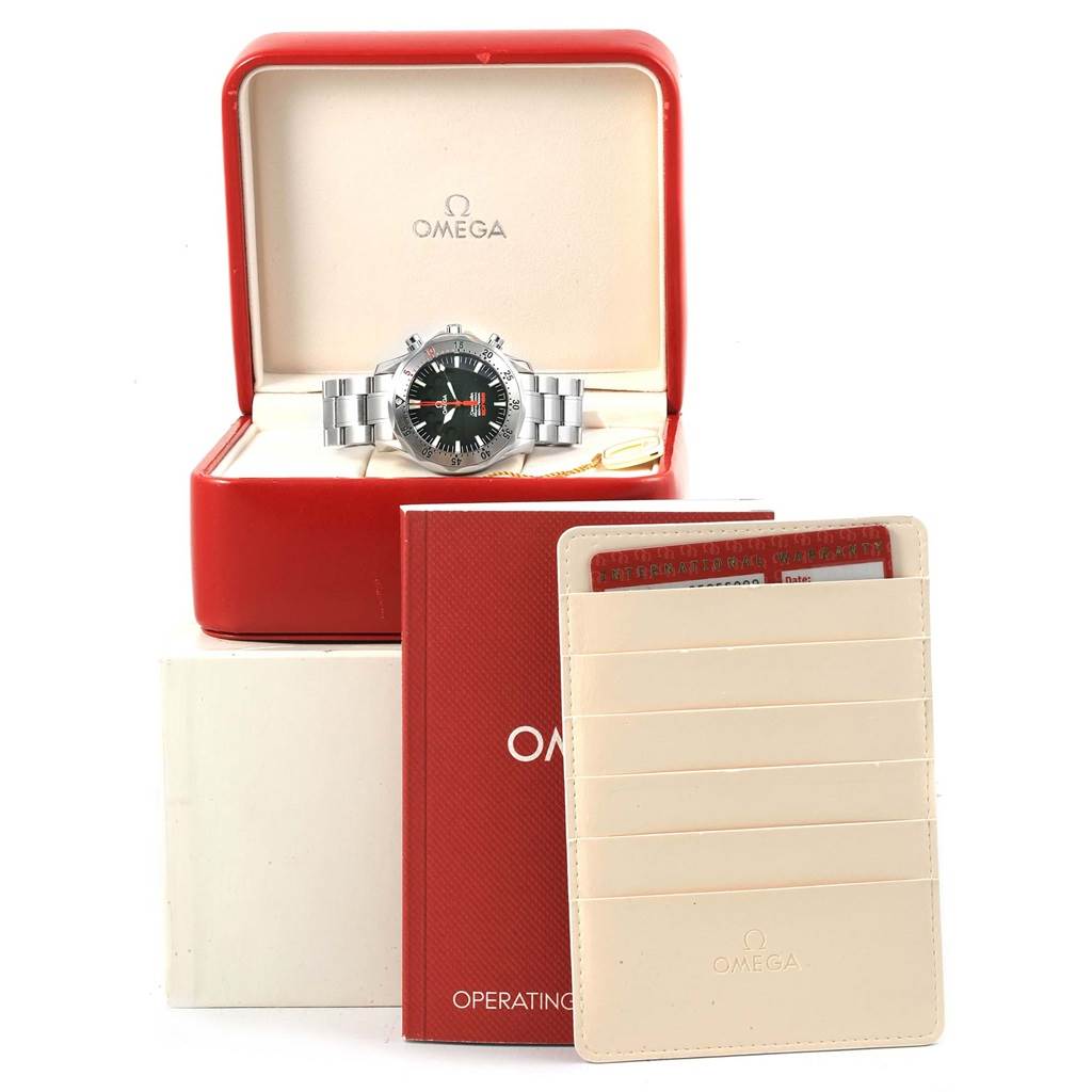 The image shows an Omega Seamaster 2595.50.00 Men
s Stainless Steel Black Dial 2595.50.00 Men
s Stainless Steel Black Dial watch in its open box, with accompanying manuals and cardholder displayed in the foreground.