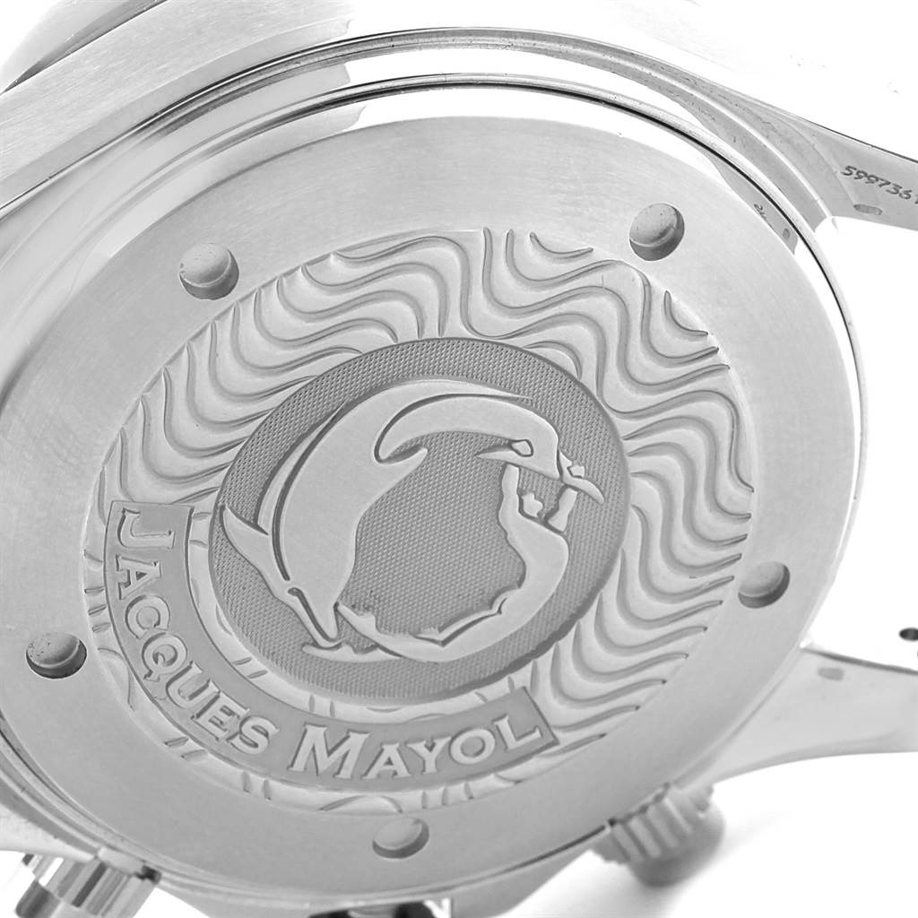 The image shows the case back of the Omega Seamaster 2595.50.00 Men
s Stainless Steel Black Dial 2595.50.00 Men
s Stainless Steel Black Dial watch featuring the "Jacques Mayol" engraving.