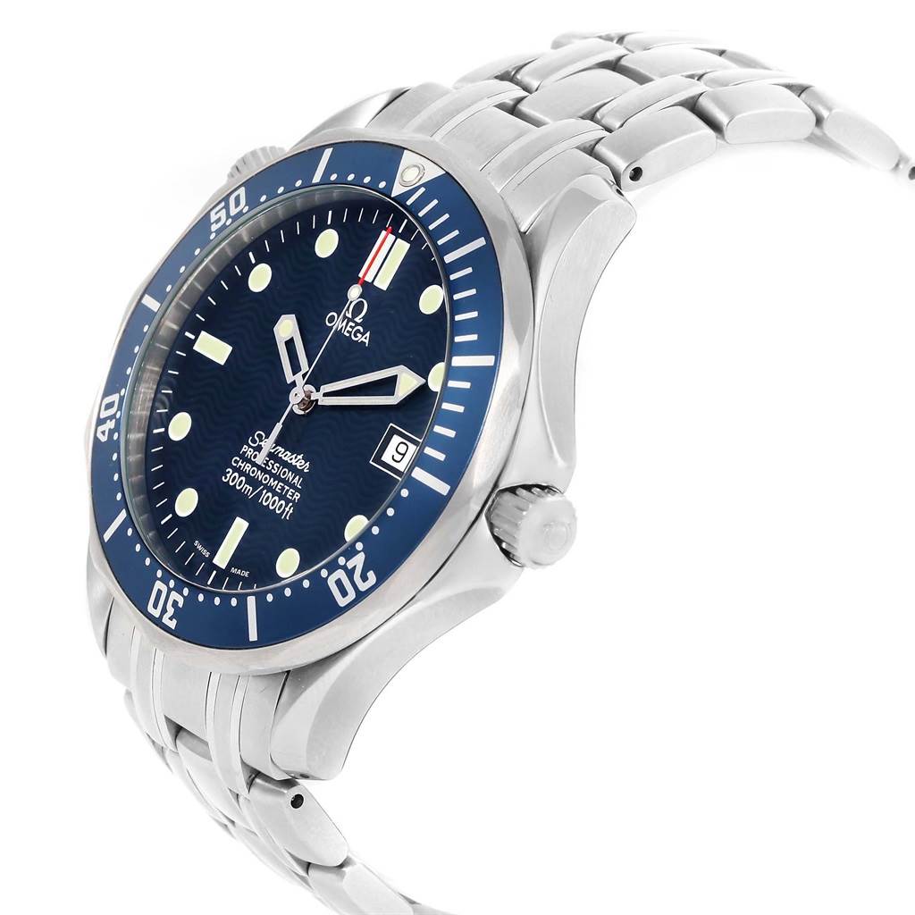 The image shows an angled side view of an Omega Seamaster 2531.80.00 Men
s Stainless Steel Blue Dial 2531.80.00 Men
s Stainless Steel Blue Dial watch, highlighting the face, bezel, crown, and bracelet.