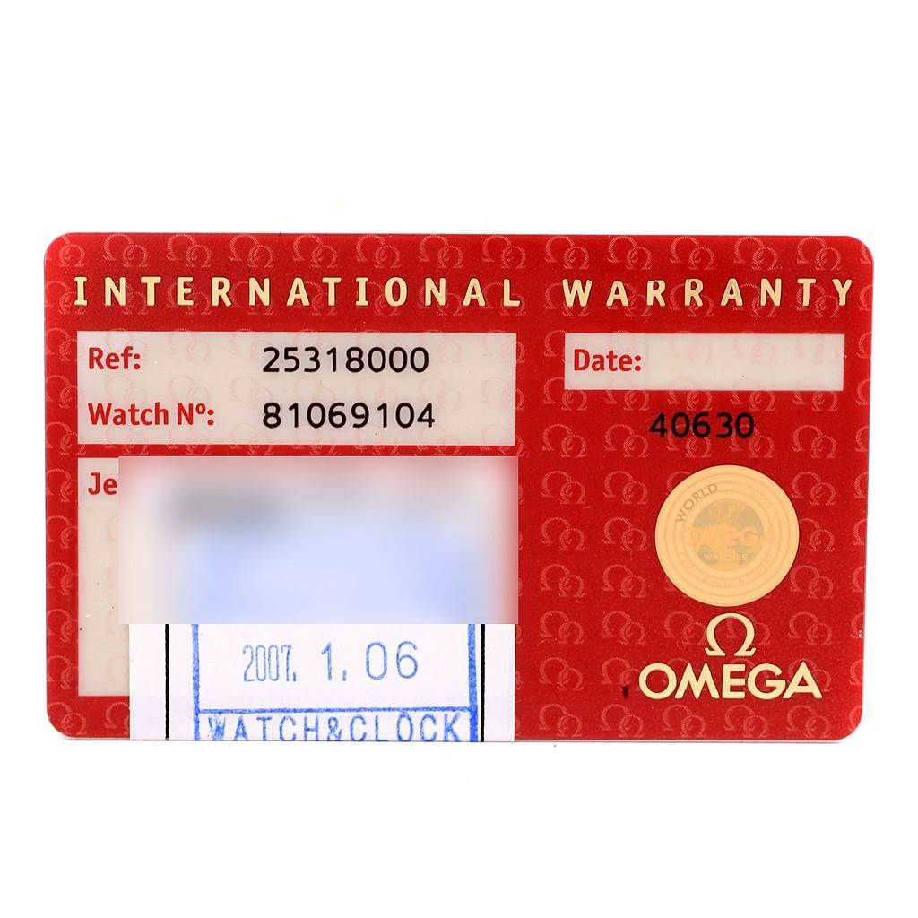 This image shows the international warranty card for an Omega Seamaster 2531.80.00 Men
s Stainless Steel Blue Dial 2531.80.00 Men
s Stainless Steel Blue Dial model watch.