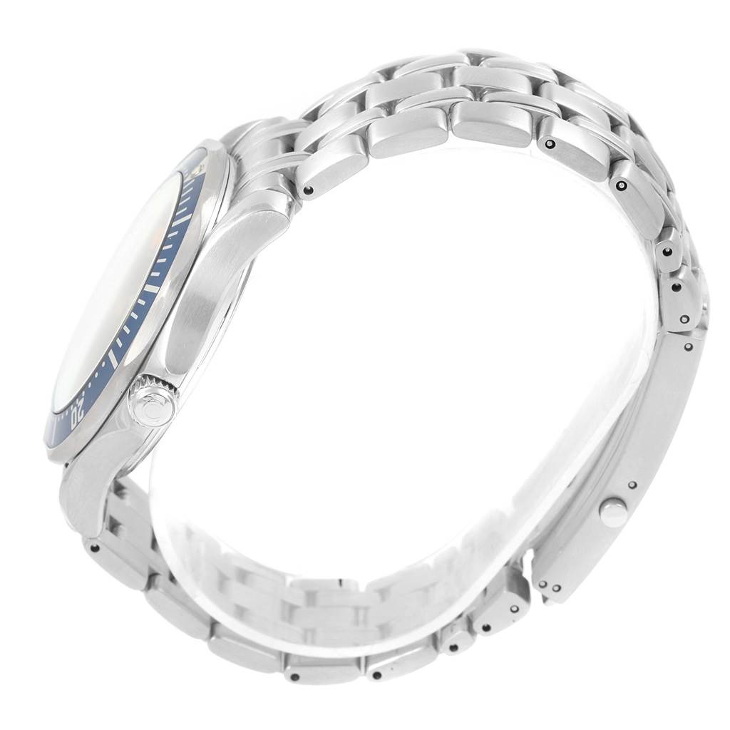 The image shows a side view of an Omega Seamaster 2531.80.00 Men
s Stainless Steel Blue Dial 2531.80.00 Men
s Stainless Steel Blue Dial watch, highlighting its stainless steel bracelet and side profile of the case with the crown.