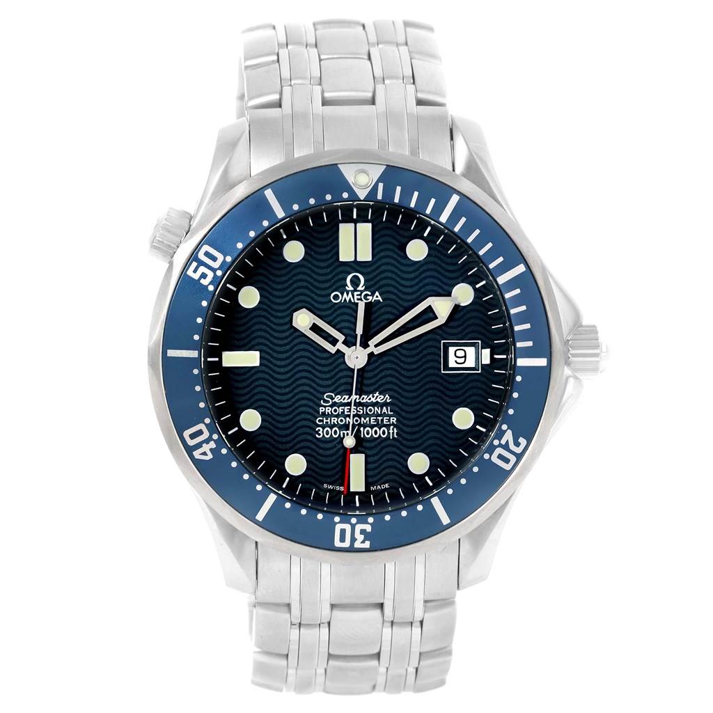 This image shows a front view of an Omega Seamaster 2531.80.00 Men
s Stainless Steel Blue Dial 2531.80.00 Men
s Stainless Steel Blue Dial watch, featuring the dial, bezel, hands, and bracelet.