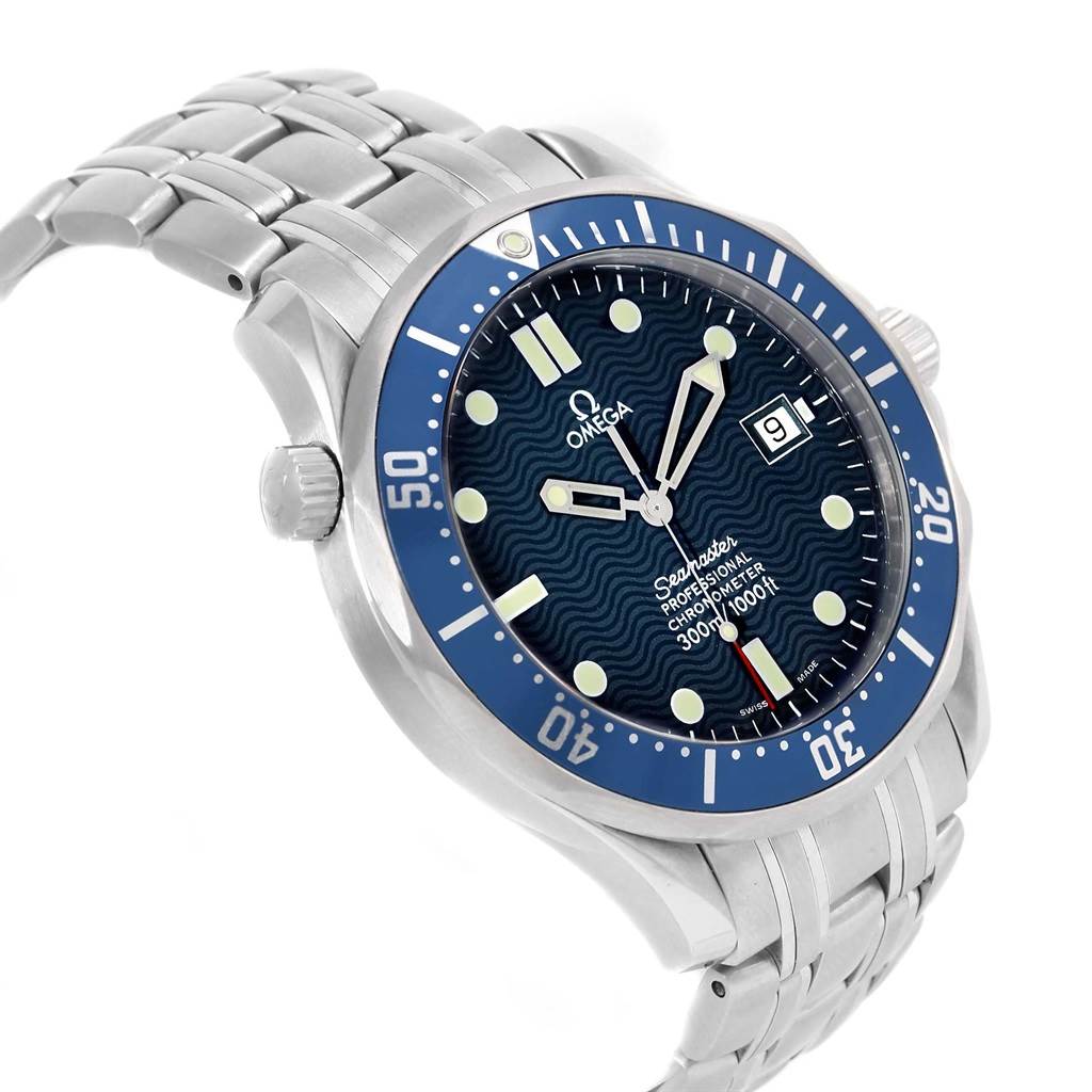 The Omega Seamaster 2531.80.00 Men
s Stainless Steel Blue Dial 2531.80.00 Men
s Stainless Steel Blue Dial watch is shown from a slight side angle, displaying its dial, bezel, crown, and metal bracelet.