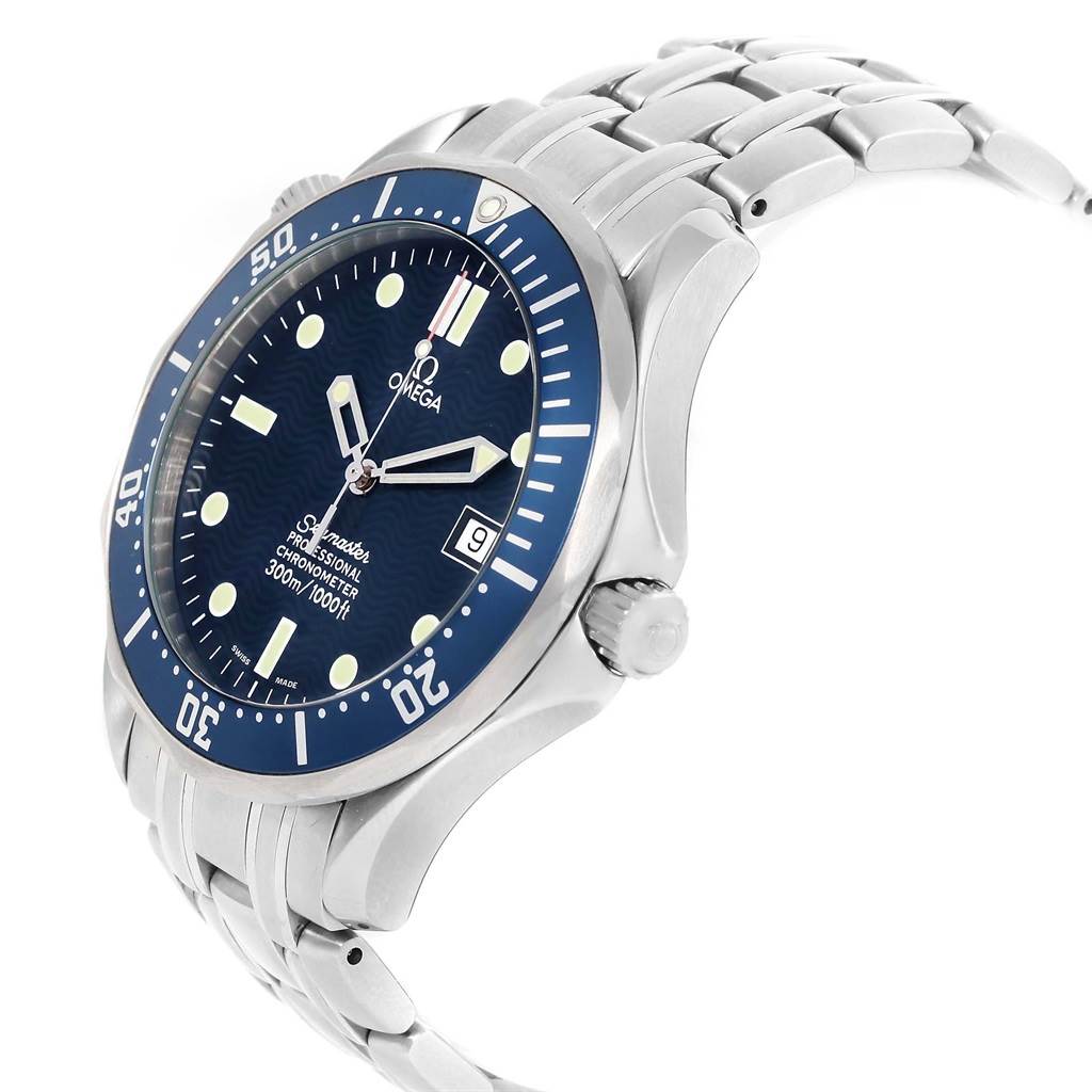 The Omega Seamaster 2531.80.00 Men
s Stainless Steel Blue Dial 2531.80.00 Men
s Stainless Steel Blue Dial watch is shown at a side angle, displaying the face, crown, and bracelet.