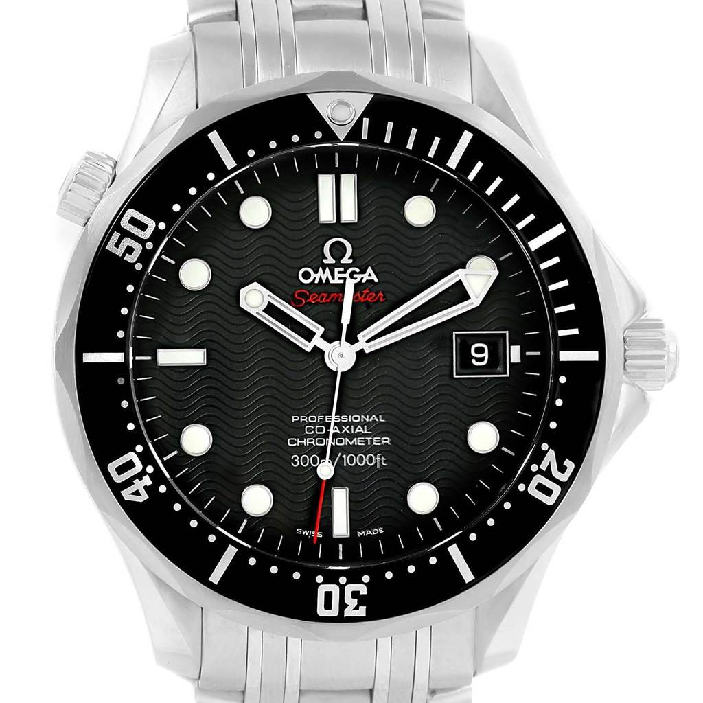 The image shows a front view of the Omega Seamaster 212.30.41.20.01.002 Men
s Stainless Steel Black Dial 212.30.41.20.01.002 Men
s Stainless Steel Black Dial watch, highlighting the dial, bezel, hands, and bracelet.