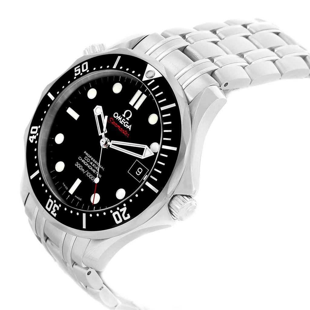 The Omega Seamaster 212.30.41.20.01.002 Men
s Stainless Steel Black Dial 212.30.41.20.01.002 Men
s Stainless Steel Black Dial watch is shown at an angle highlighting its face, bezel, and metal bracelet.
