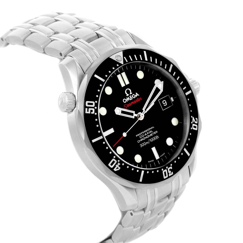 The image shows a frontal and slightly elevated view of the Omega Seamaster 212.30.41.20.01.002 Men
s Stainless Steel Black Dial 212.30.41.20.01.002 Men
s Stainless Steel Black Dial watch, highlighting the face, bezel, and bracelet.