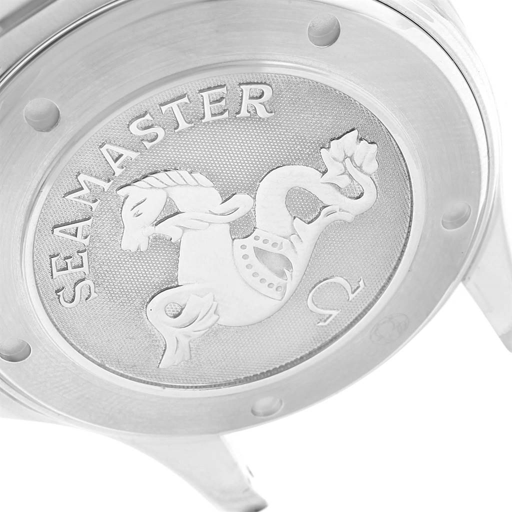 The image shows the case back of an Omega Seamaster 212.30.41.20.01.002 Men
s Stainless Steel Black Dial 212.30.41.20.01.002 Men
s Stainless Steel Black Dial model watch, featuring the engraved emblem.