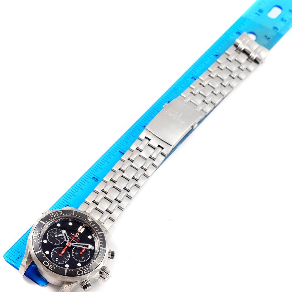 The Omega Seamaster 212.30.44.50.01.001 Men
s Stainless Steel Black Dial 212.30.44.50.01.001 Men
s Stainless Steel Black Dial watch is photographed from an angled top-down view, showing the watch face, bezel, crown, and entire metal bracelet with the clasp.