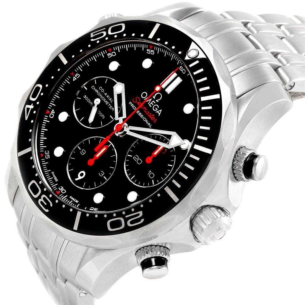 The image shows an Omega Seamaster 212.30.44.50.01.001 Men
s Stainless Steel Black Dial 212.30.44.50.01.001 Men
s Stainless Steel Black Dial watch at an angled close-up, highlighting the bezel, subdials, and stainless steel bracelet.