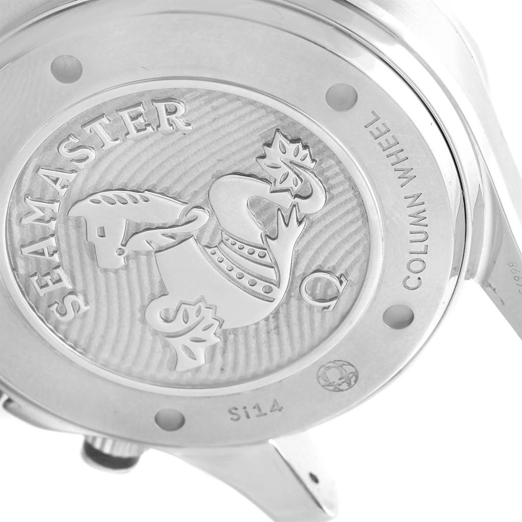 The image shows the engraved case back of an Omega Seamaster 212.30.44.50.01.001 Men
s Stainless Steel Black Dial 212.30.44.50.01.001 Men
s Stainless Steel Black Dial watch, highlighting the "Seamaster" text and sea horse logo.