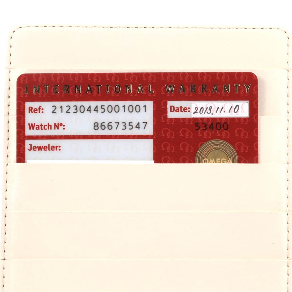 The image shows the international warranty card for the Omega Seamaster 212.30.44.50.01.001 Men
s Stainless Steel Black Dial 212.30.44.50.01.001 Men
s Stainless Steel Black Dial watch model.