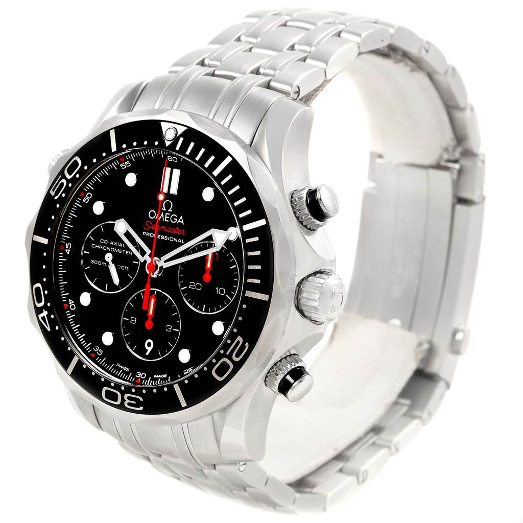 The Omega Seamaster 212.30.44.50.01.001 Men
s Stainless Steel Black Dial 212.30.44.50.01.001 Men
s Stainless Steel Black Dial watch is shown at a tilted front angle, highlighting the face, case, bezel, crown, and bracelet.