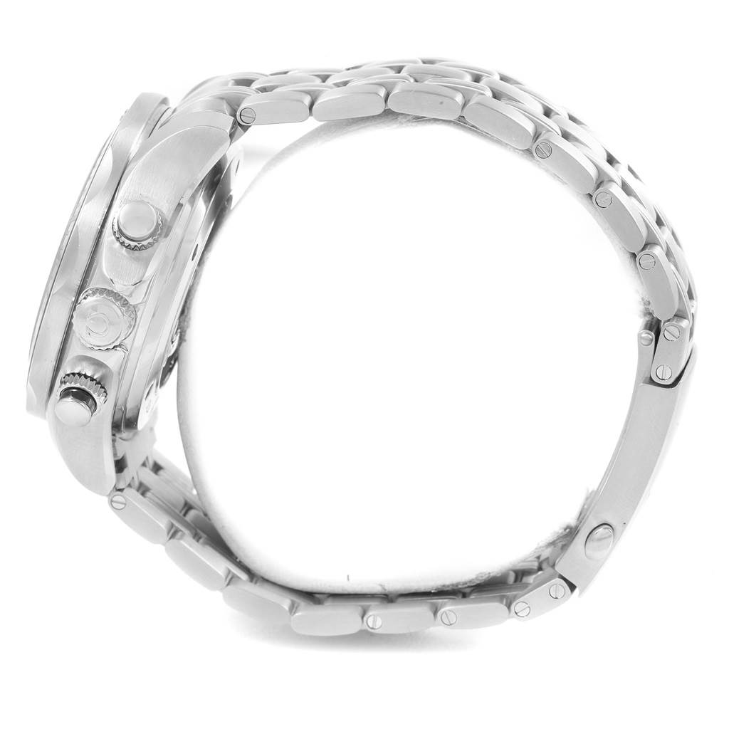 The Omega Seamaster 212.30.44.50.01.001 Men
s Stainless Steel Black Dial 212.30.44.50.01.001 Men
s Stainless Steel Black Dial watch is shown from a side angle, highlighting the crown, pushers, and bracelet.