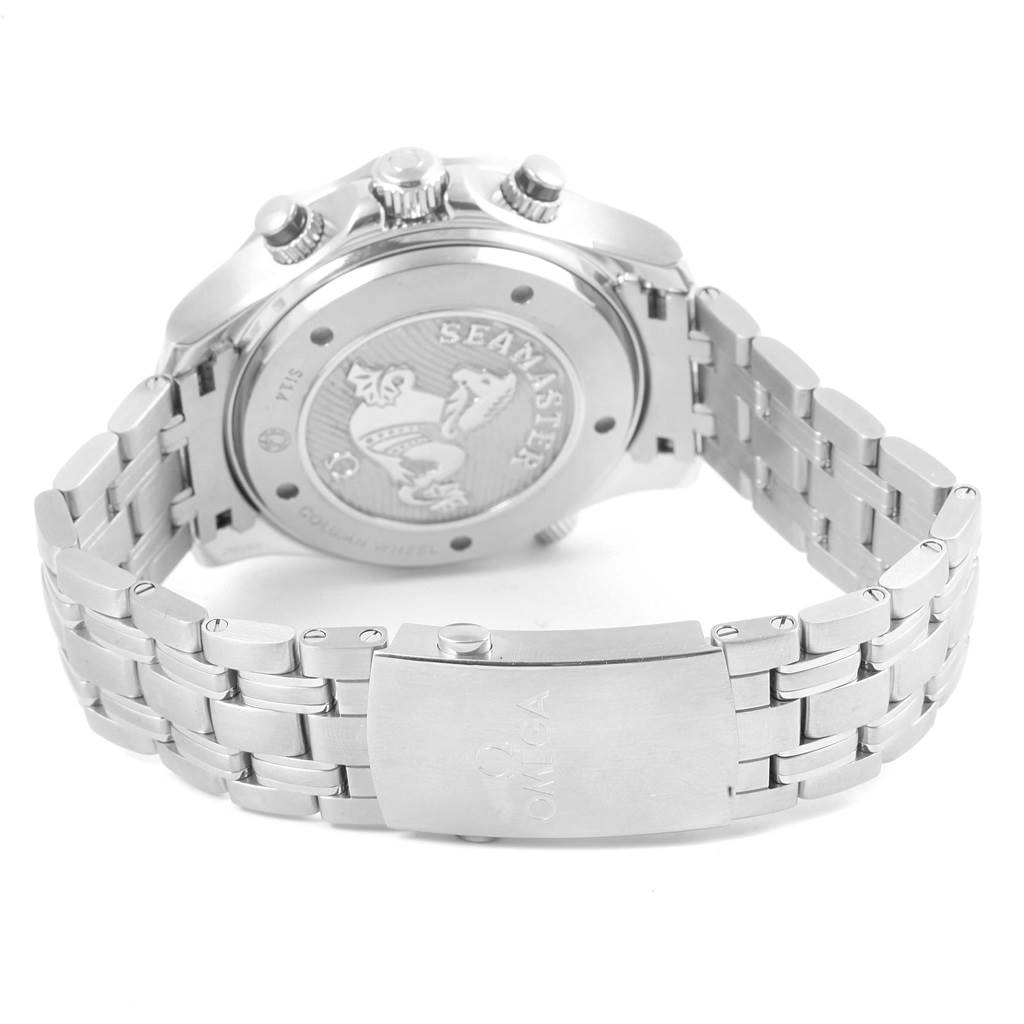 The image shows the back case and bracelet of an Omega Seamaster 212.30.44.50.01.001 Men
s Stainless Steel Black Dial 212.30.44.50.01.001 Men
s Stainless Steel Black Dial watch from a slightly angled rear view.