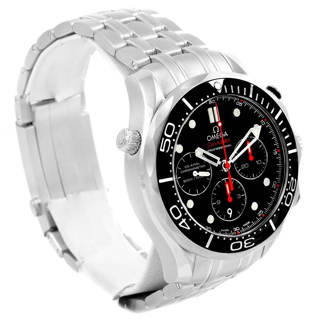 The Omega Seamaster 212.30.44.50.01.001 Men
s Stainless Steel Black Dial 212.30.44.50.01.001 Men
s Stainless Steel Black Dial watch is shown at a three-quarter angle, displaying the dial, bezel, crown, and part of the metal bracelet.