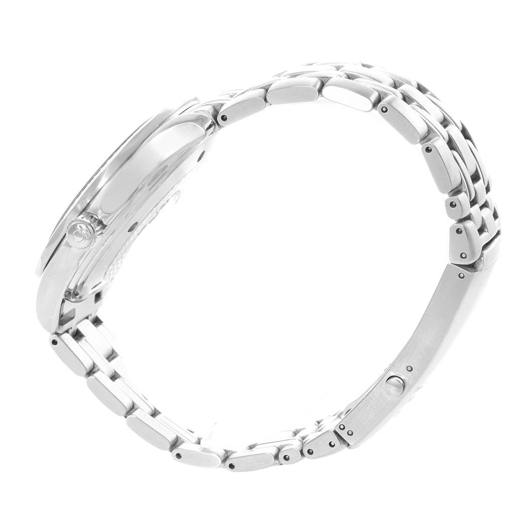 The image shows a side view of an Omega Seamaster 2531.80.00 Men
s Stainless Steel Blue Dial 2531.80.00 Men
s Stainless Steel Blue Dial watch highlighting the bracelet and crown.