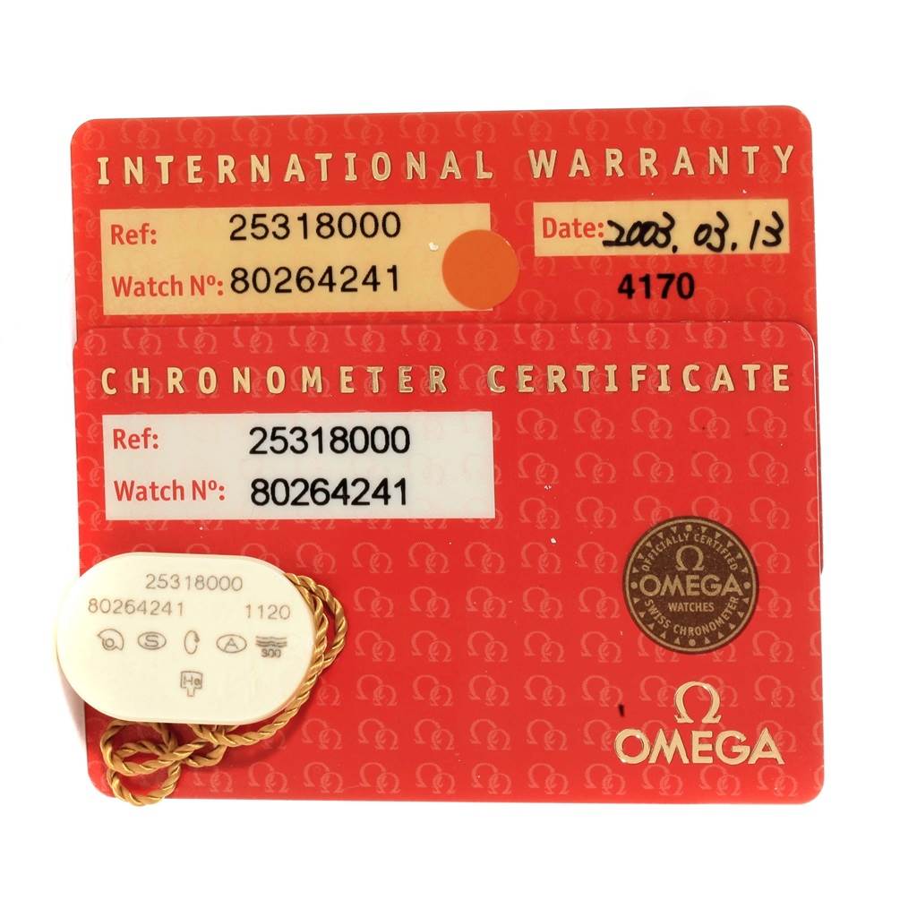 The image shows the International Warranty and Chronometer Certificate cards for an Omega Seamaster 2531.80.00 Men
s Stainless Steel Blue Dial 2531.80.00 Men
s Stainless Steel Blue Dial model watch, ref. 25318000.