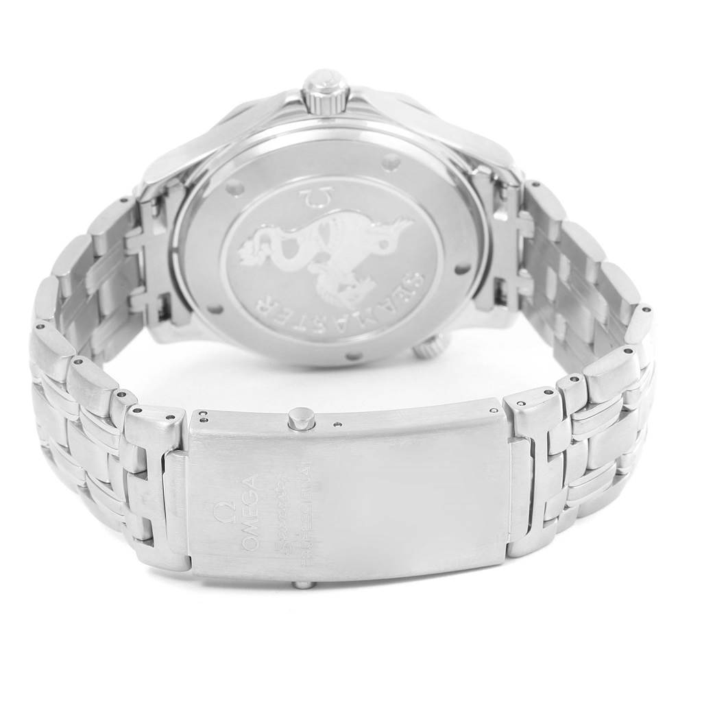 This image shows the back view of an Omega Seamaster 212.30.41.20.01.002 Men
s Stainless Steel Black Dial 212.30.41.20.01.002 Men
s Stainless Steel Black Dial, featuring its case back and stainless steel bracelet with clasp.