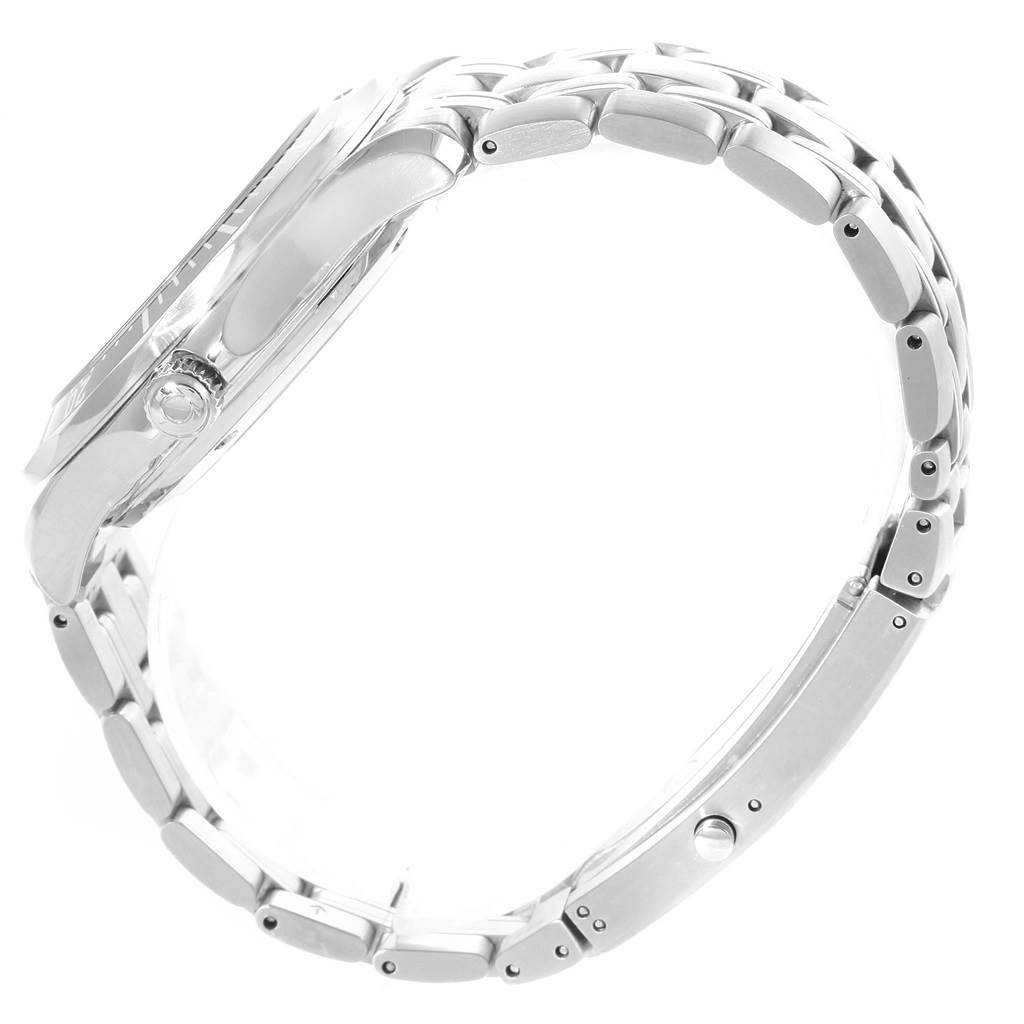 The image shows a side profile of the Omega Seamaster 212.30.41.20.01.002 Men
s Stainless Steel Black Dial 212.30.41.20.01.002 Men
s Stainless Steel Black Dial watch, highlighting its metal bracelet, case, and crown.