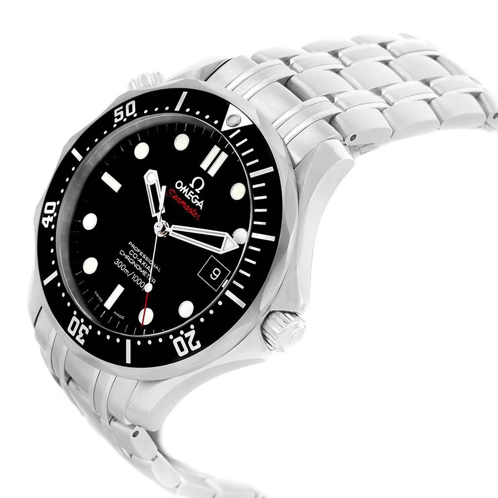 This image shows an angled view of an Omega Seamaster 212.30.41.20.01.002 Men
s Stainless Steel Black Dial 212.30.41.20.01.002 Men
s Stainless Steel Black Dial watch, highlighting its face, bezel, and metal bracelet.