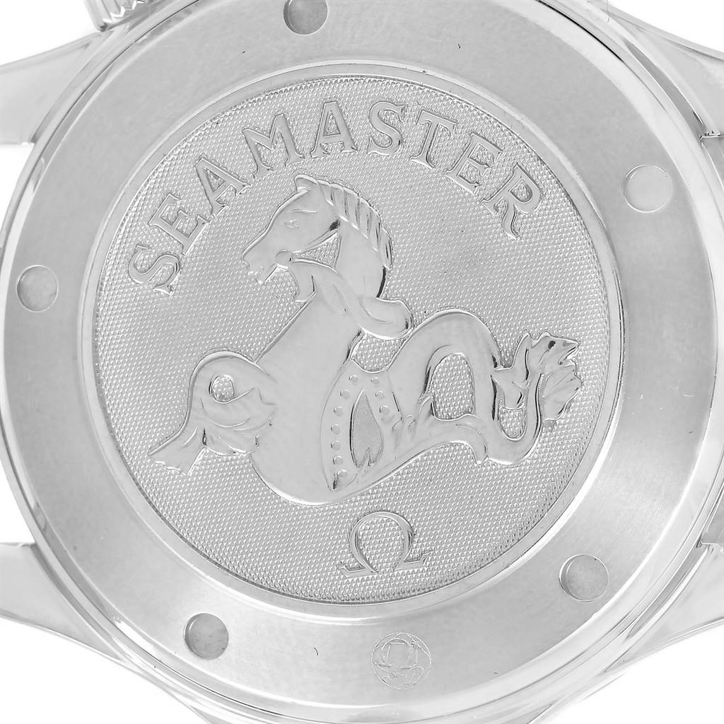 This image shows the engraved case back of an Omega Seamaster 212.30.41.20.01.002 Men
s Stainless Steel Black Dial 212.30.41.20.01.002 Men
s Stainless Steel Black Dial watch, featuring the Seamaster logo and branding.