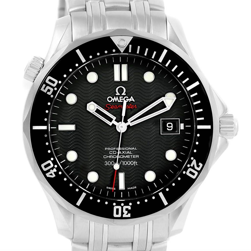 The image shows a front view of the Omega Seamaster 212.30.41.20.01.002 Men
s Stainless Steel Black Dial 212.30.41.20.01.002 Men
s Stainless Steel Black Dial watch, highlighting its dial, bezel, hands, and part of the bracelet.