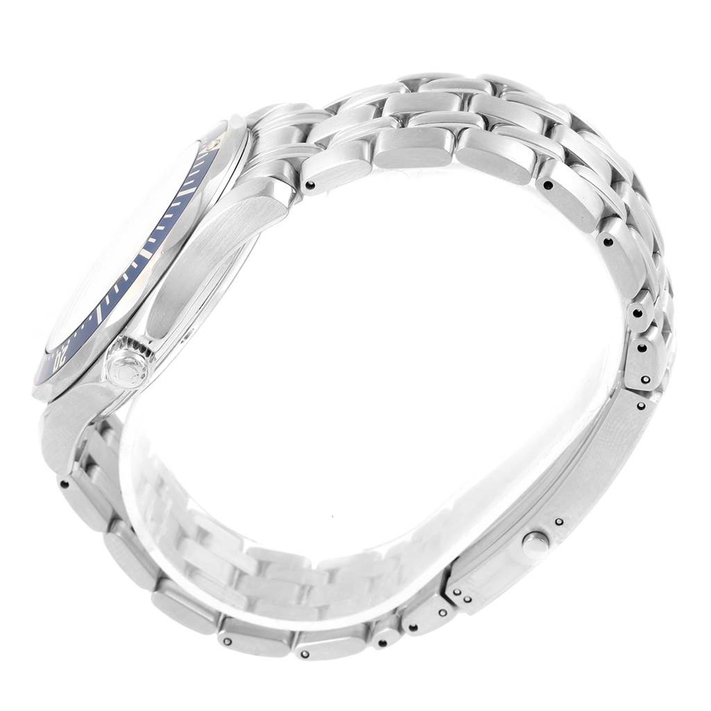 The image shows a side view of the Omega Seamaster 2221.80.00 Men
s Stainless Steel Blue Dial 2221.80.00 Men
s Stainless Steel Blue Dial watch, highlighting its bracelet, case, bezel, and crown.